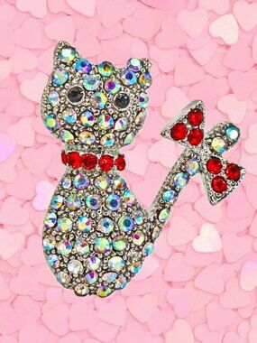 Crystal Cat Brooch Pin Aurora Borealis Sparkling Rhinestone Cat Jewelry New